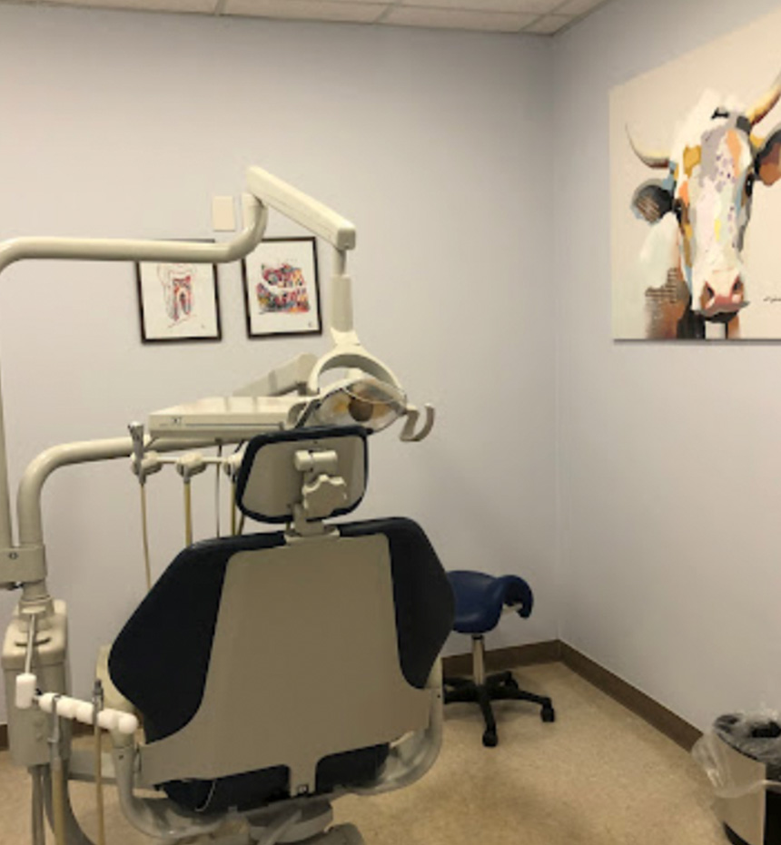 Dental chair with adjustable headrest and foot pedal, set against a blue wall with a framed painting of a cow.