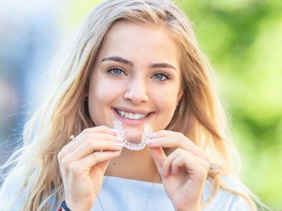 The image is a photograph of a smiling woman holding up a clear dental retainer with her teeth.