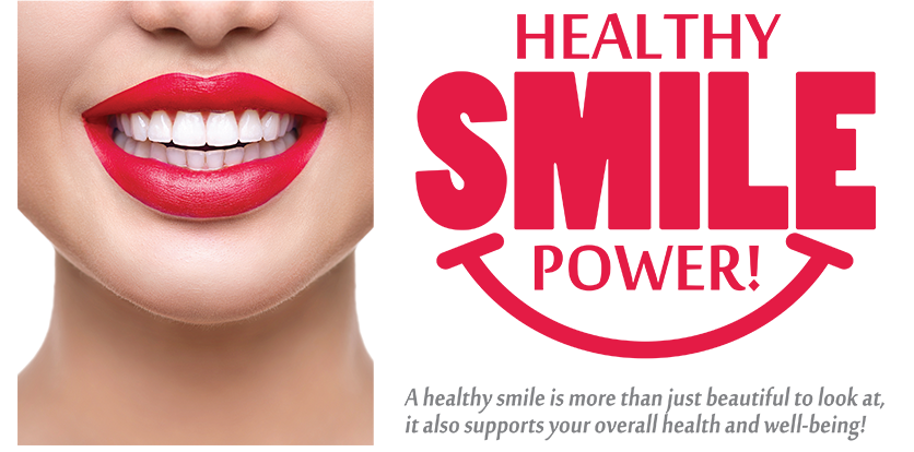 The image displays a close-up of a person s face with red lipstick, and there is text overlay that reads  HEALTHY SMILE POWER  in capital letters.